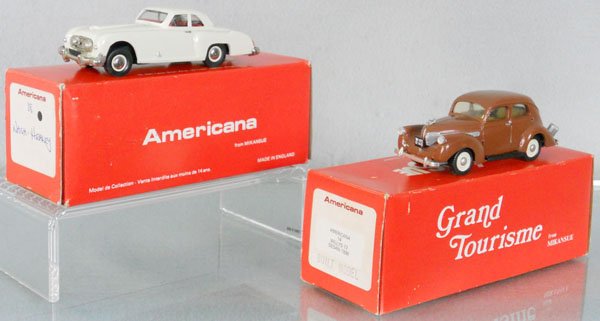 2 MIKANSUE AUTOS: white metal, #18 Nash Healey, 1 touch up spot, paint loss by front bumper, #14 Willys 77 Sedan 1938, missing 1 doorhandle, tires cracked, orig boxes & inserts, C8-9.