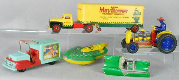 5 PLASTIC TOYS: PMC Moving Van, 18" long, missing front bumper, graphics worn, Mattel Ice Cream Truck, 11" long, missing windshield & rear door, canopy broken, Ideal Slo Moshun VI Boat, 12" long, Mattel Space Car, 8