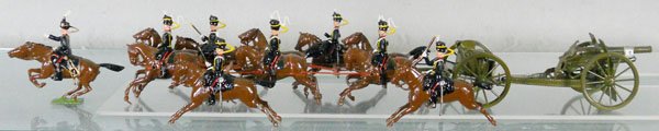 BRITAINS 39 ROYAL HORSE ARTILLERY: lumber has repaired center shaft, 1 outrider is missing rifle, w/steel blanks ammunition, C7-8.