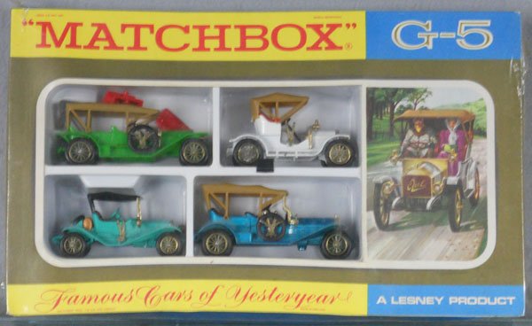 MATCHBOX GIFT SET G5C1 FAMOUS CARS OF YESTERYEAR: 1968, contains Y9B1, Y4C3, Y14B2, Y12B2, orig box factory sealed w/shrinkwrapped, 3 pinhole tears, C10.