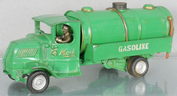 ARCADE MACK GASOLINE TRUCK: painted cast iron & tin, 12 1/2" long, w/rubber hose remnants, C7.