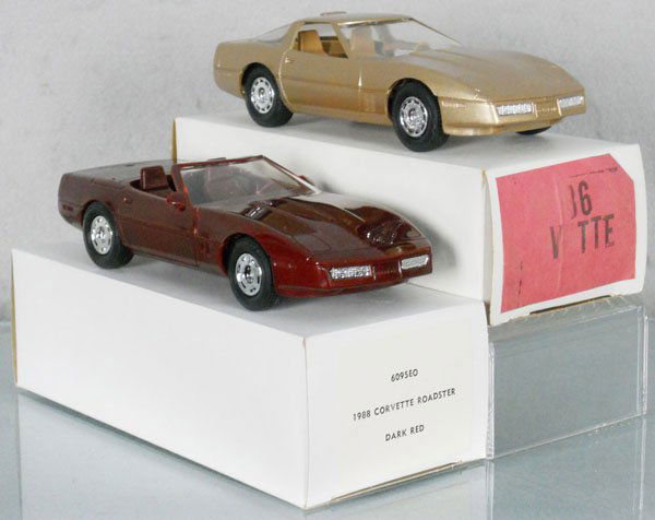 2 MPC CORVETTE PROMOS: plastic, 1986 gold, 1988 dark red, orig boxes, C9.
