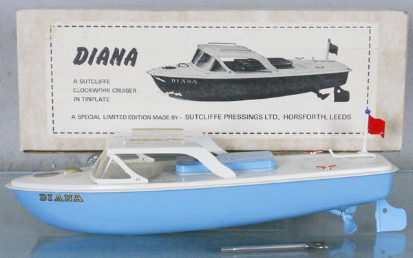 SUTCLIFFE DIANA CRUISER: painted tin, 12" long, windup working, w/key, orig box, C8-9.