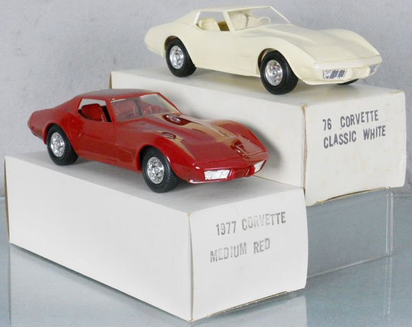 2 MPC CORVETTE PROMOS: plastic, 1976 classic white, 1977 medium red, orig boxes, C9.