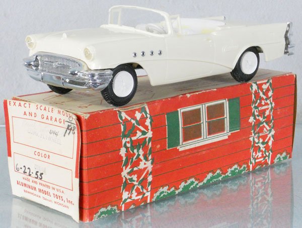 AMT 1955 BUICK CONVERTIBLE PROMO: plastic, friction working, cream w/white & yellow interior, minor body warp, some minor discoloration spots, orig box minor wear, C8-9.
