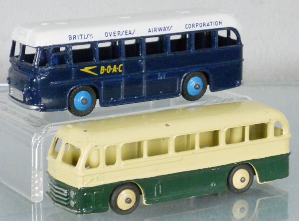 2 DINKY COACHES: 283 BOAC, C7, 282 Duple Roadmaster, paint chips on roof, C6.