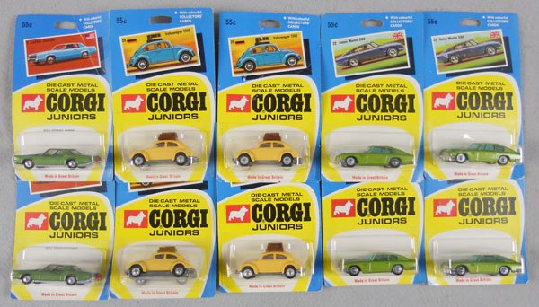 10 CORGI JR VEHICLES: 2 #8 Cadillac Eldorados, 4 #20 Volkswagen Beetles, 4 #22 Aston Martins, factory sealed on orig cards, cards have minor wear, C10.