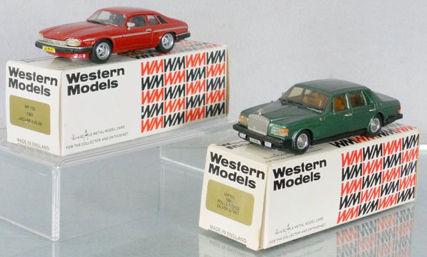2 WESTERN MODELS AUTOS: white metal, 103 1981 Jaguar XJS, missing 1 side view mirror, 105 1981 Rolls Royce Silver Spirit, orig boxes minor wear, C9-10.