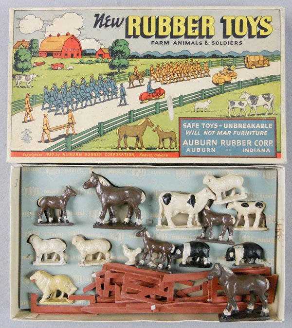 AUBURN FARM ANIMAL SET: rubber, 15 animals, 2 are broken, all fence sections are broken, orig box & insert minor wear, C5-6.