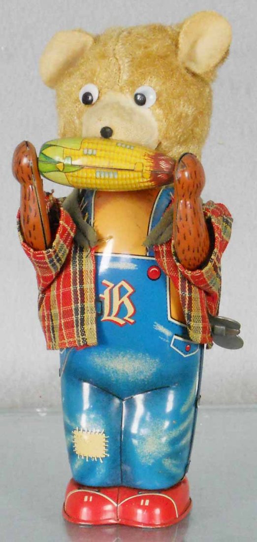 CORN EATING BEAR: Japan, lithographed tin & cloth, windup working, 7" tall, C7.