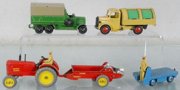 5 DINKY VEHICLES: 25s 6-wheel Wagon, 25v Bedford Refuse Wagon, play worn, 14A BEV Electric Truck, 27a Massey-Harris Tractor, 27c Massey-Harris Manure Spreader, C3-6.
