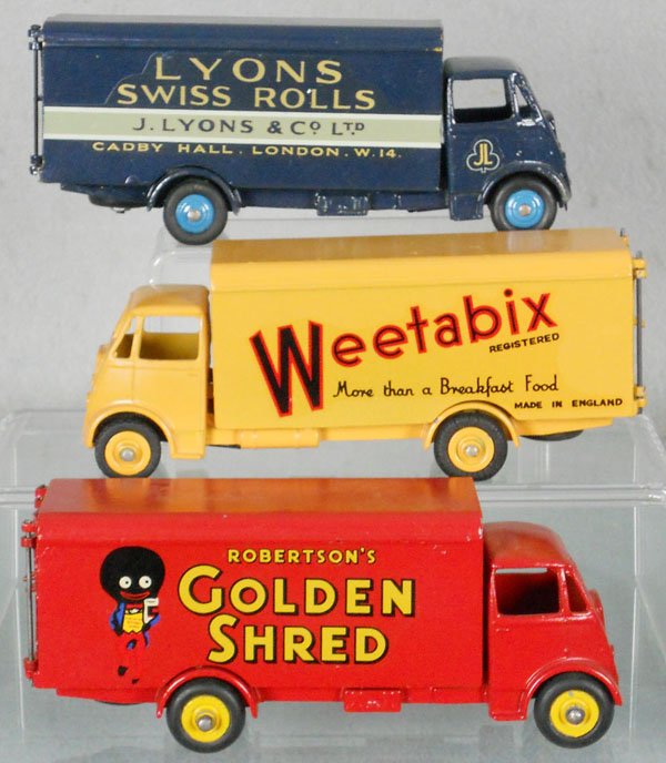 3 DINKY GUY VANS: 514 Lyons, 514 Weetabix, 919 Golden Shred, all restored w/old tires, C9.
