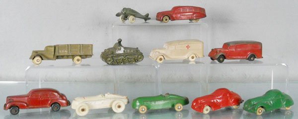 11 RUBBER VEHICLES: 6 Sun Rubber vehicles, 2 Auburn Rubber & 3 Barr Rubber, 1 Barr Rubber is missing a wheel, some playwear, light warping & minor chips, C3-6.