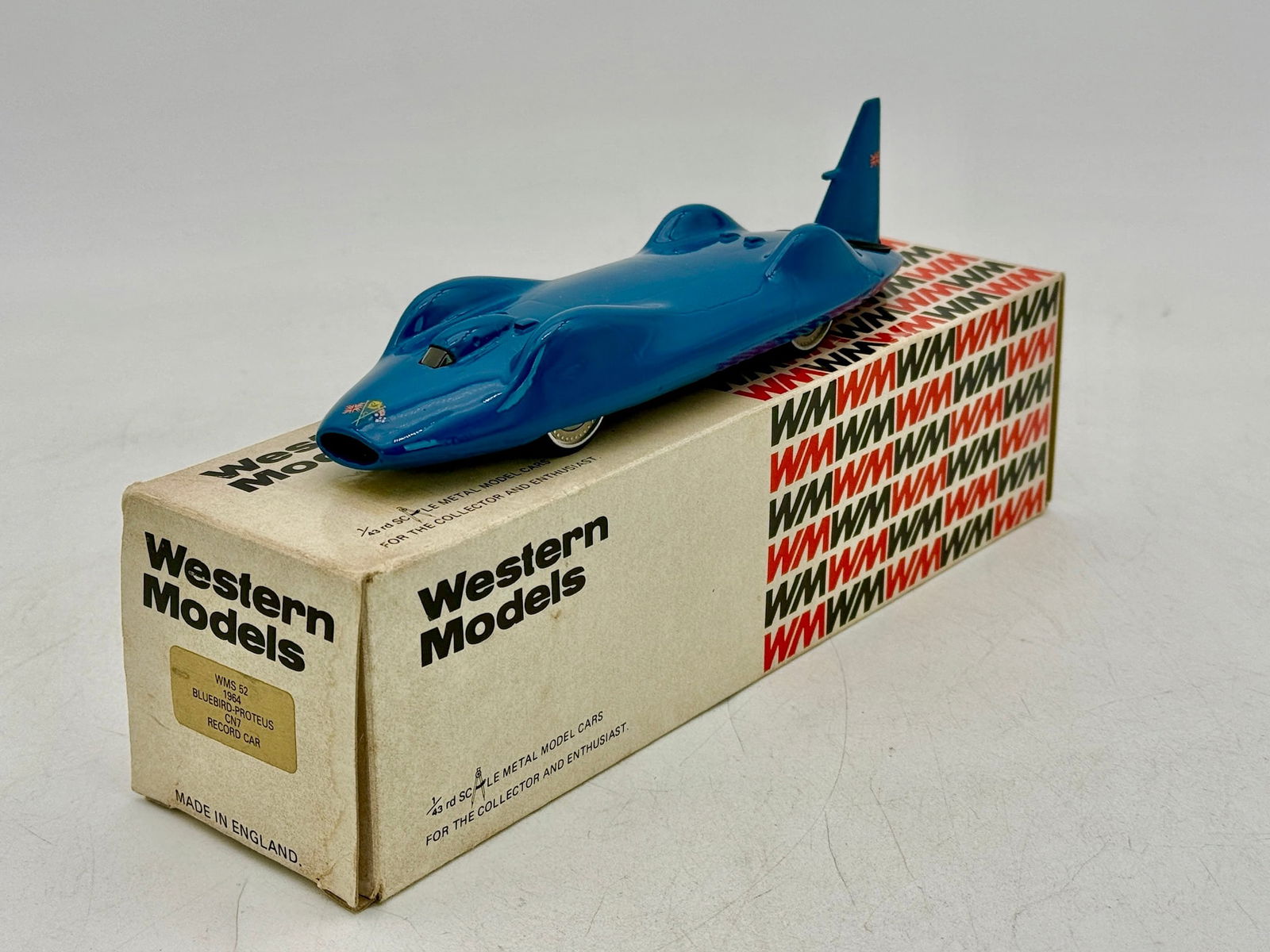 Western Models WMS 52 1/43 Scale 1964 Bluebird-Proteus CN7 Record Car: A White metal, blue 1/43 scale metal model of a 1964 Bluebird-Proteus CN7 land speed record car in its original Western Models box. OB and inserts C9.