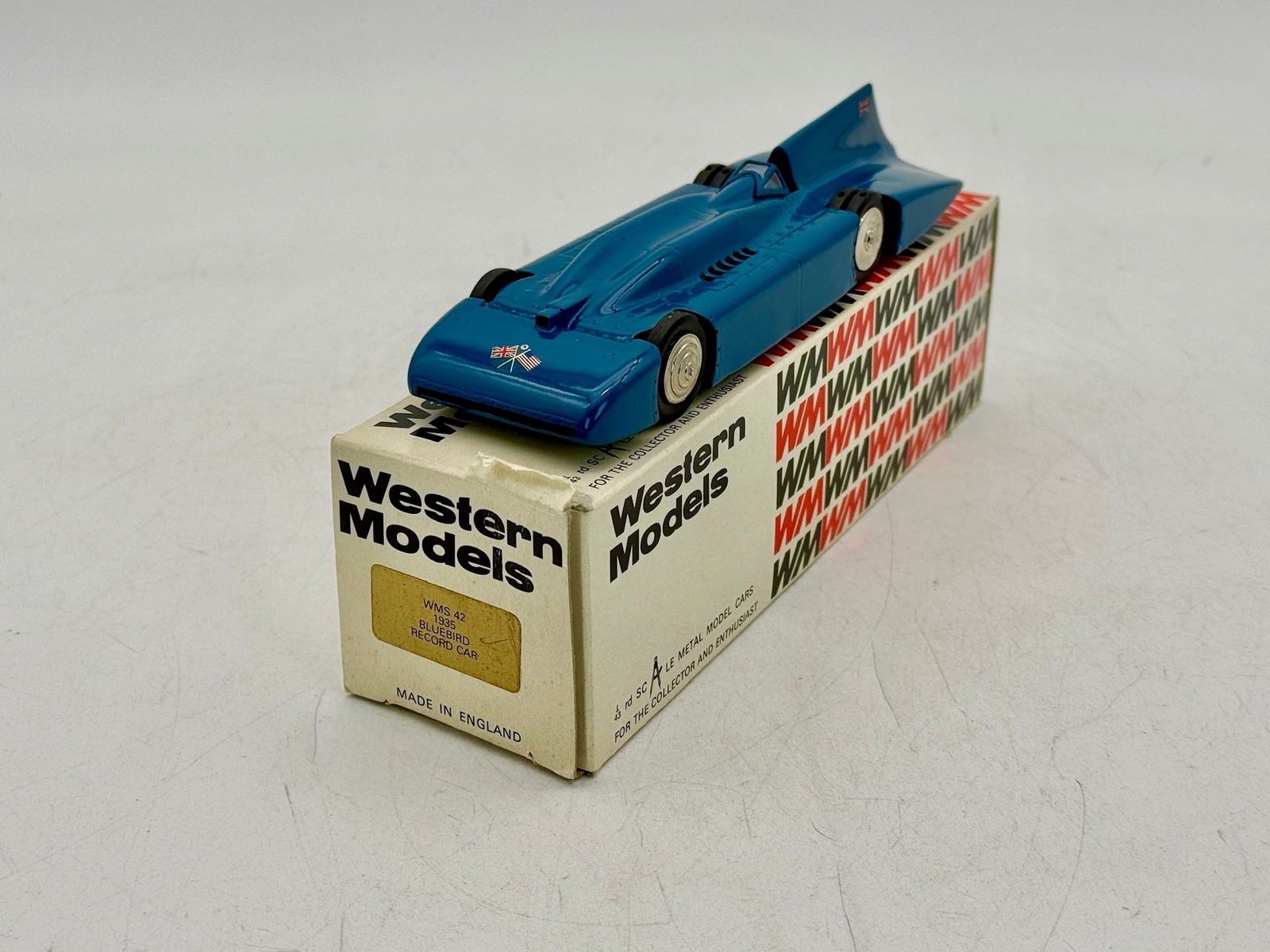 Western Models WMS 42 1935 Bluebird Record Car: A White metal, blue 1/43rd scale metal model of the 1935 Bluebird Record Car, model WMS 42, with its original box. 8" blue. OB and inserts C9.