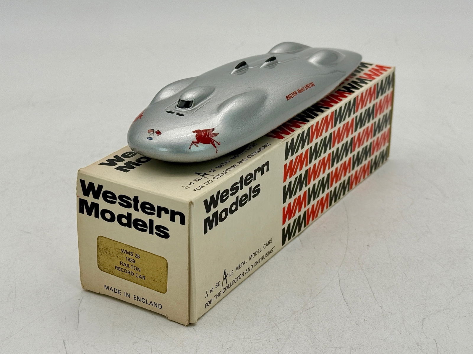 Western Models 1939 Railton Record Car WMS 25: A white metal 1/43 scale silver metal model of the 1939 Railton Mobile Special record car featuring a red Pegasus logo and original Western Models box. 8.5" long OB and inserts C9.