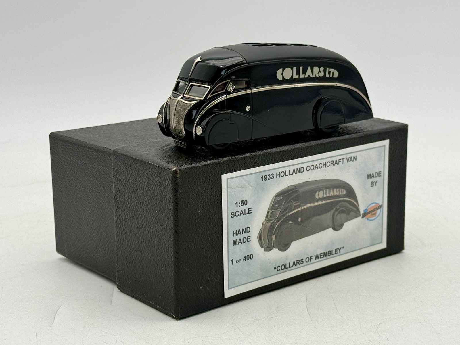 Brooklin Models 1933 Holland Coachcraft Van Collars of Wembley: A black 1:50 scale handmade die-cast model of a 1933 Holland Coachcraft Van. 5", black 1 of 400, OB and insert C9