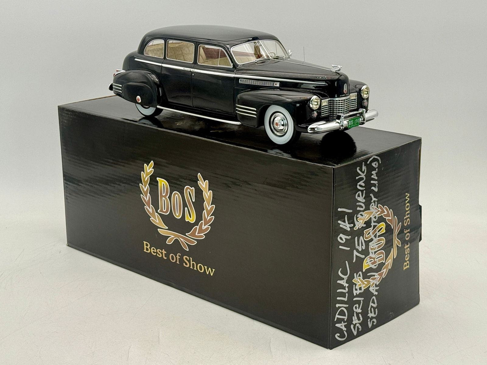 BoS-Models #190 1941 Cadillac Fleetwood 75 Touring Sedan: A black resin 1:18 scale die-cast 1941 Cadillac Fleetwood 75 Touring Sedan by BoS-Models, numbered 406 of 1000, with original packaging. #406 of 1000 OB MW C9