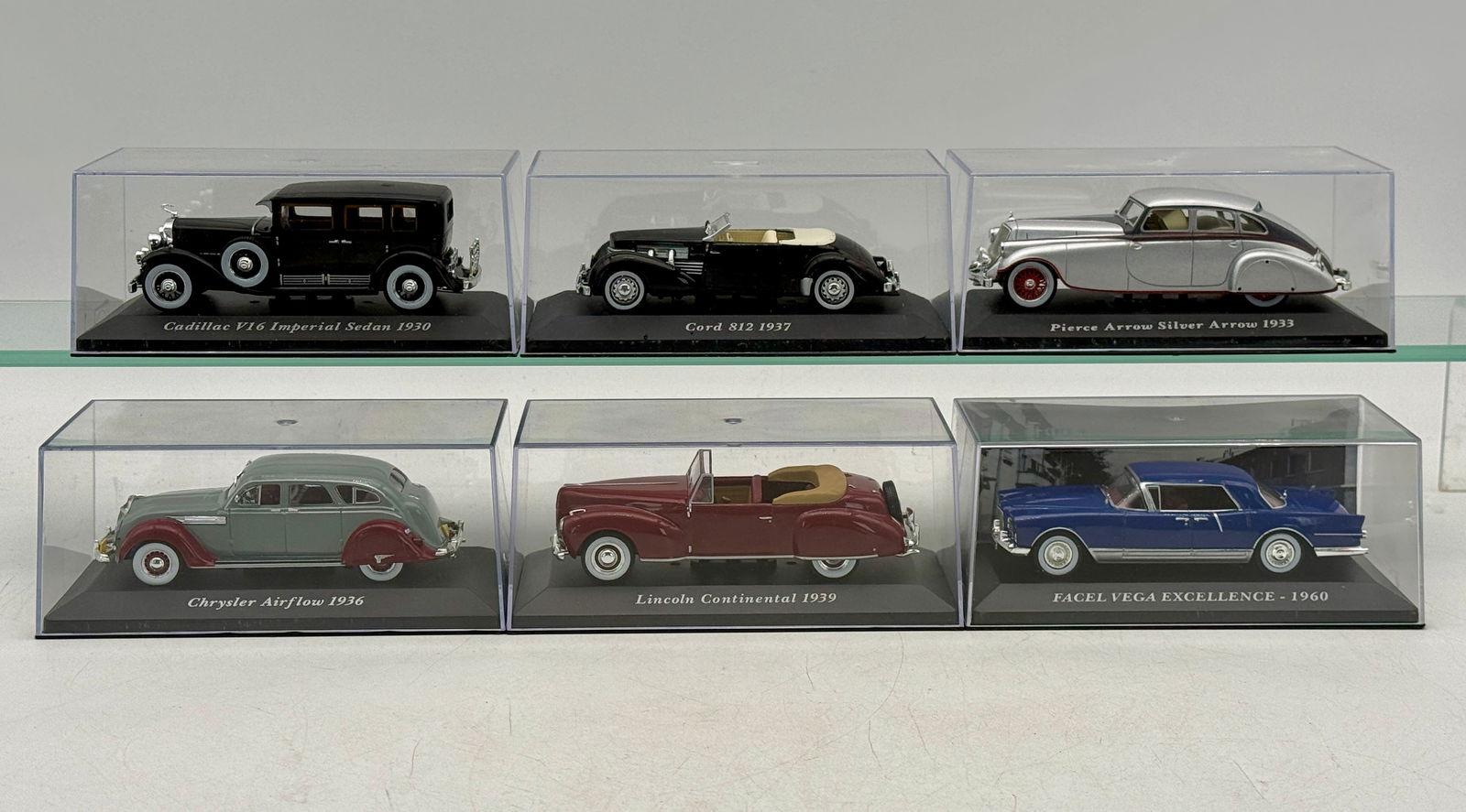 5 IXO vehicles: Resin, 1:43 scale, 1933 Pierce arrow, 1960 Vega, 1939 Lincoln, 1936 Chrysler, 1930 Cadillac, 1937 cord. OB's missing cardboard sleeves, C8-9