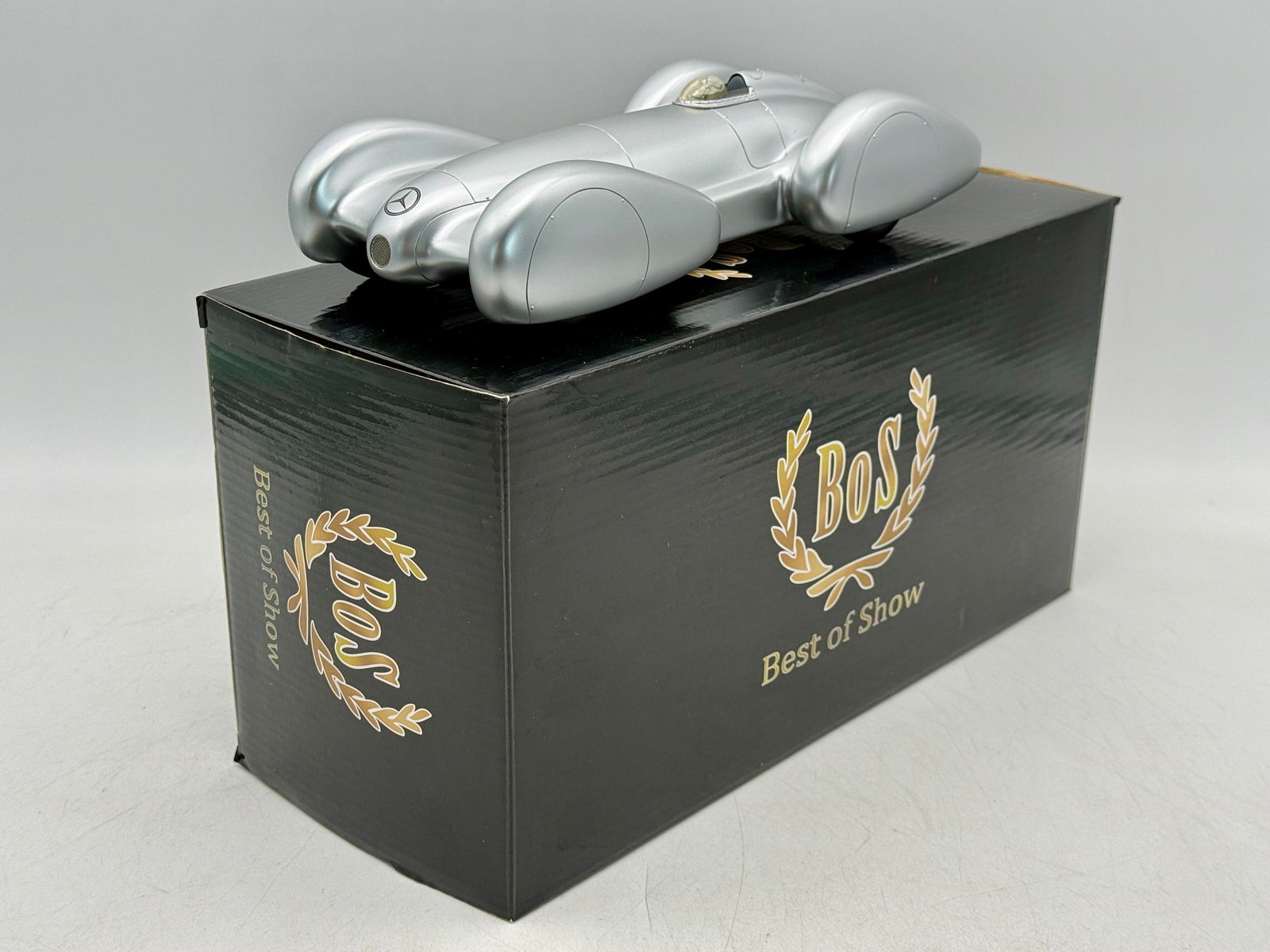 BoS-Models 203 Resin 1:18 1939 Mercedes-Benz W154 Rekordwagen Silver Model Car: A silver 10 inch Mercedes-Benz W154 Rekordwagen model car by BoS-Models featuring the original black Best of Show collector box, #346 of 1000, C9.