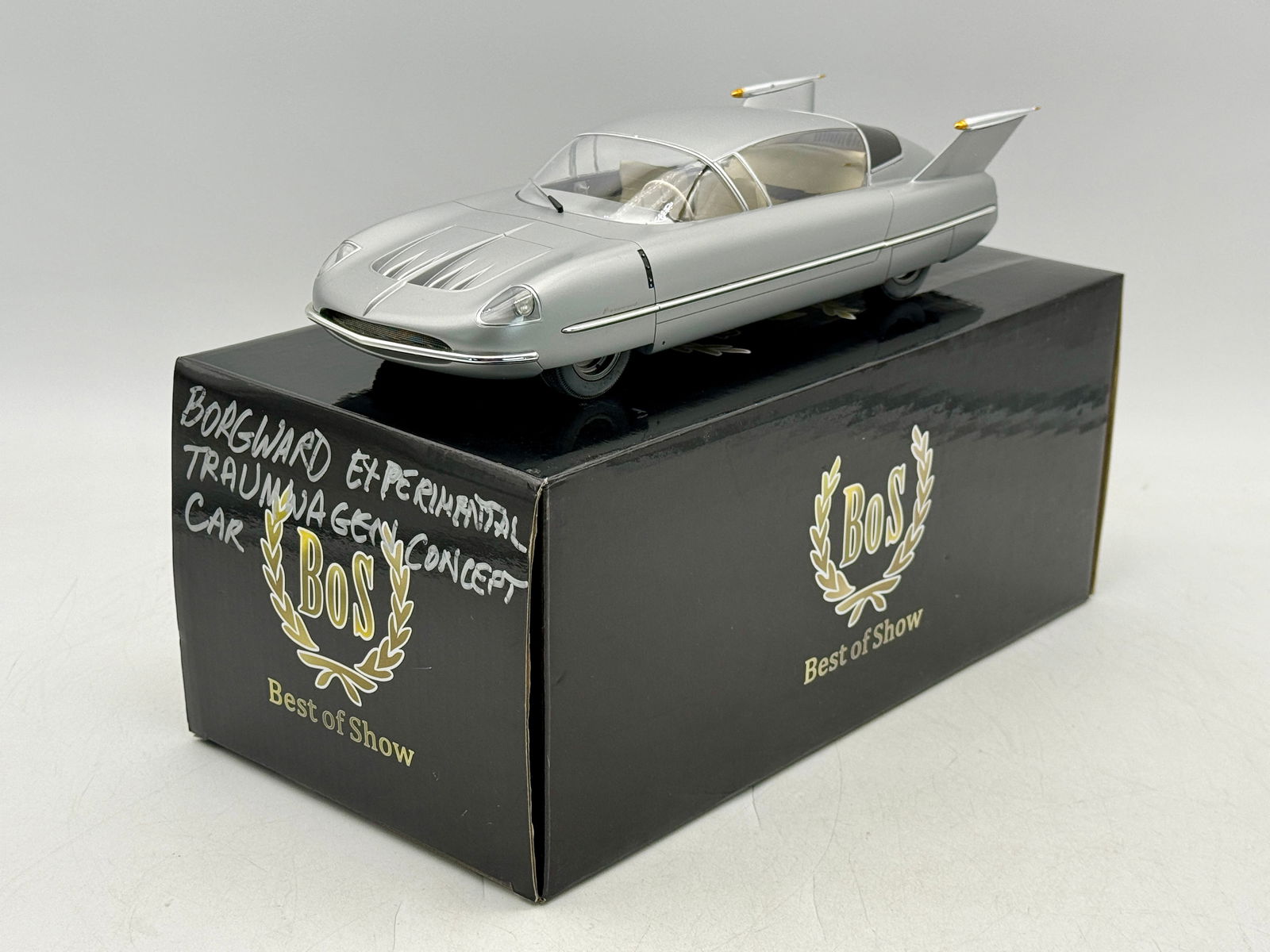 BoS-Models 052 1:18 Scale resin 1955 Borgward Traumwagen Concept Model Car: A silver BoS-Models 11 1/2 inch Borgward Traumwagen concept model car with original black packaging box labeled Borgward Traumwagen, #643 of 1000. C9.