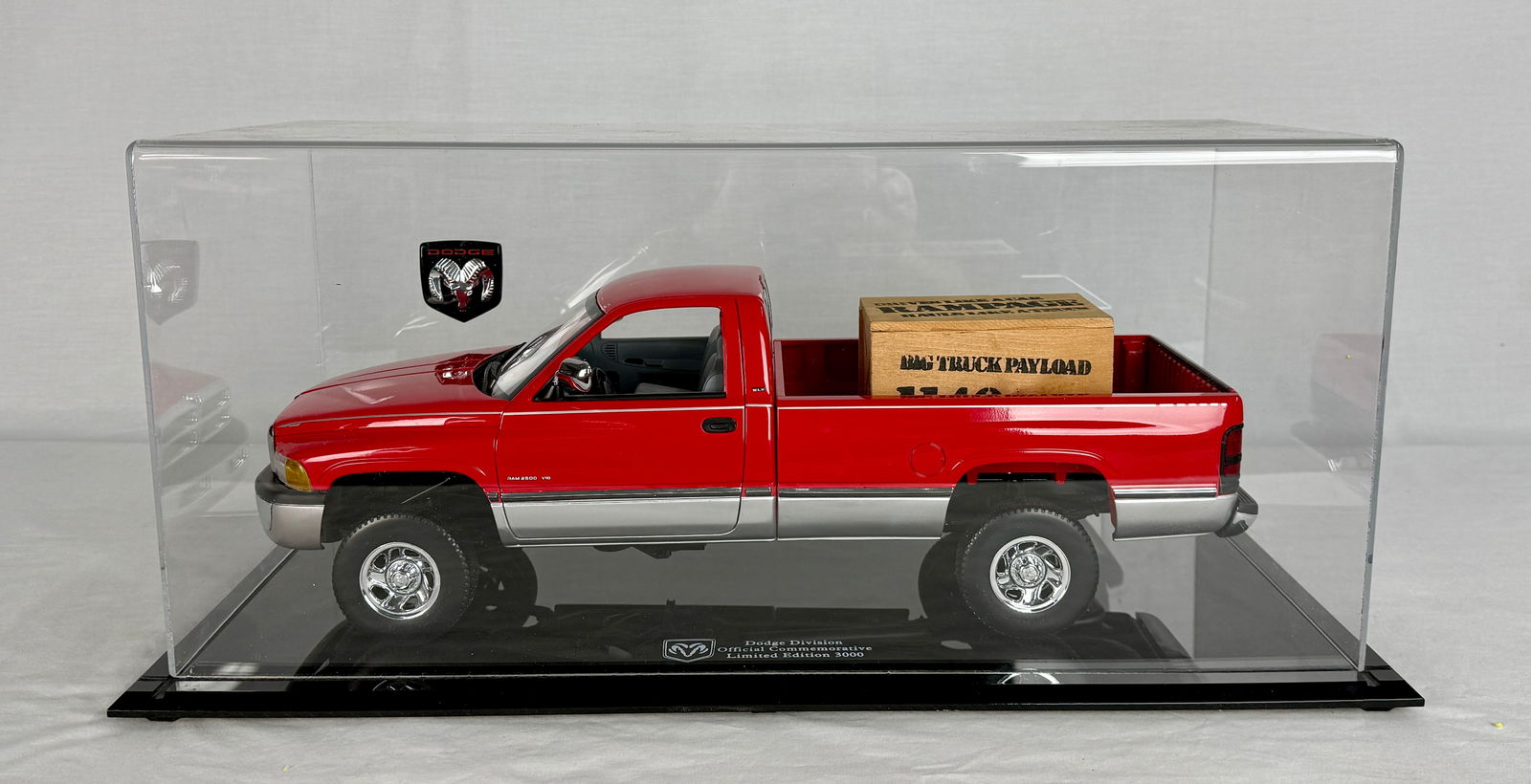 Brookfield Collectors Guild Dodge Ram V-10 Limited Edition Model: A red and silver Dodge Ram V-10 commemorative 18 inch model truck featuring a clear display case, wooden crate accessory, and original shipping box, C9.
