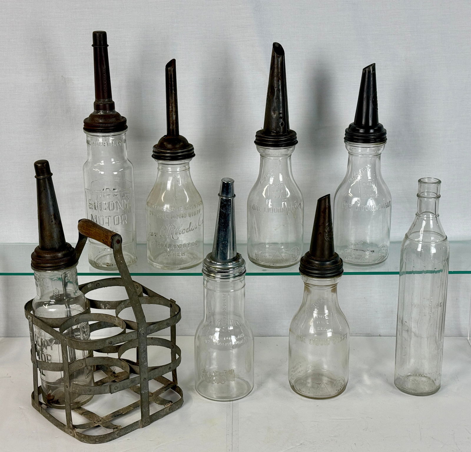 Socony and Rhodes Glass Motor Oil Bottles with Metal Rack (1 of 2)