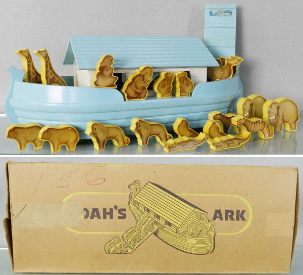 PETER-MAR NOAH'S ARK SET: painted wood, 22" long, w/ramp & 20 animals, orig box minor wear, C7-8.