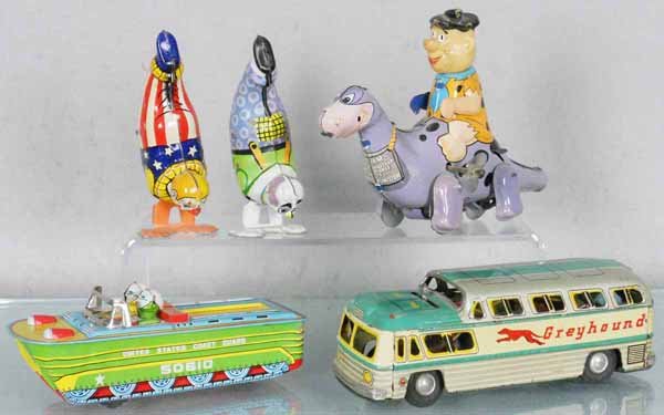 5 TIN TOYS: 2 Chein Clown Walkers, tin, windups working, 5" tall, Linemar Fred Flintstone & Dino, 8 1/2" long, windup working, Daiya Coast Guard Boat, 6 1/2" long, friction working, KKK Greyhound Bus, battery ope