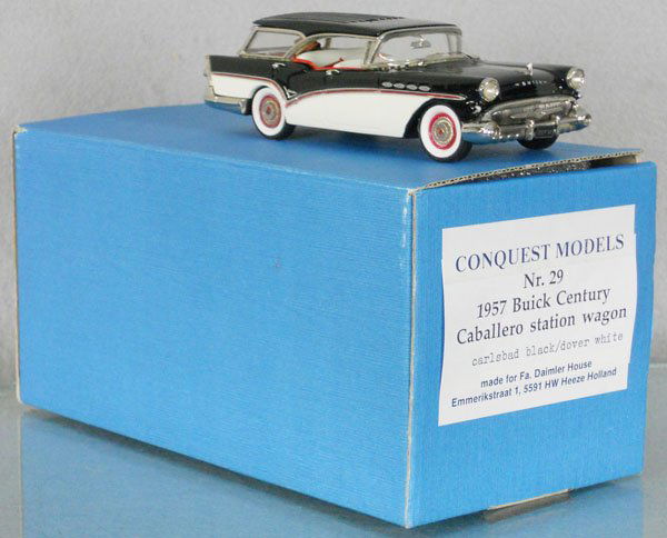 CONQUEST MODELS #29 BUICK STATION WAGON: white metal, 1957 Century Caballero, missing 1 tail lamp & 1 side view mirror, orig box & insert, C9.