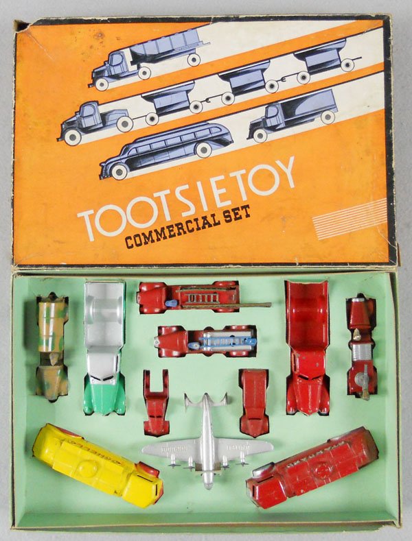 TOOTSIETOY 5210 COMMERCIAL SET: contains 4634 Supply Truck, 2 #1019 Jumbo Pick Ups, 1040 Ladder Truck, 1042, Insurance Patrol, 1041 Pumper, restored, 120 Pick Up, 123 Delivery, 1009 Shell, 722 Airplane, 1006 Standard, orig box & ins