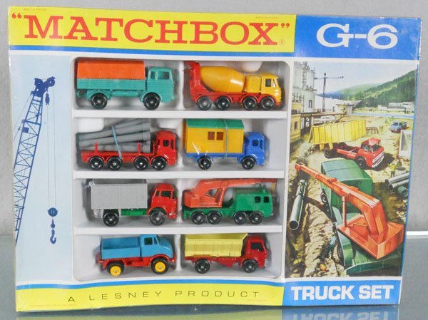 MATCHBOX G6B3 TRUCK GIFT SET: 1968, contains 1E1, 10D1, 21D1, 26C1, 30C2, 49B2, 60B1, 70B2, orig box shrinkwrapped, wrap has a small tear on front and a small tear on bottom, C10.