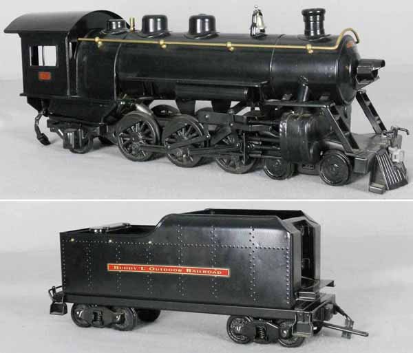 T-REPRODUCTIONS BUDDY L LOCO & TENDER: painted pressed steel, motorized version w/can motor in cab, orig boxes, C8-9.