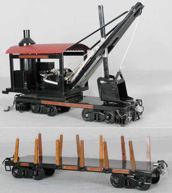 2 T-REPRODUCTIONS BUDDY L FREIGHT CARS: painted pressed steel, Steam Shovel & Flat Car w/wooden stakes, orig box for flat car only, C8-9.