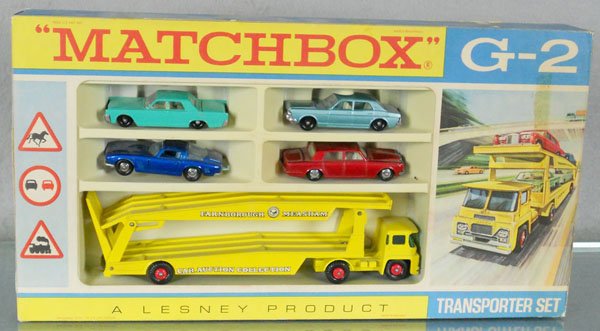 MATCHBOX G2A6 CAR TRANSPORTER GIFT SET: 1968, contains 14D1, 24C1, 31C2, 53C1 & King Size K8B5, orig box minor wear, 53C1 is C5, rest C7-8.