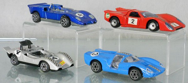4 POLITOY RACE CARS: die cast, E15 Ford Mirage, M21 Chevron, E594 Abarth, E565 Aston Martin, C7-8.