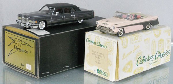2 MODEL AUTOS: Elegance #146 1976 Cadillac Fleetwood Limousine, plastic, made in France, orig box minor wear, C9; Collector's Classics by Buby 1956 DeSoto Fireflite, white metal, made in Argentina, orig box minor we