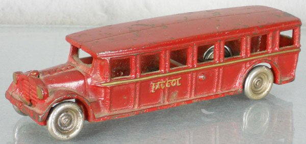 ARCADE FAGEOL BUS: painted cast iron, 8" long, side lettering repainted, C5-6.