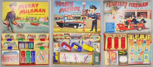 3 HASBRO GAMES: Merry Milkman, Police Patrol, Fearless Fireman, cardboard & plastic, some cover wear, C7-9.