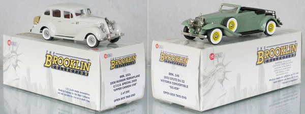 2 BROOKLIN AUTOS: white metal, BRK102X 1936 Hudson Terraplane, Upper Canada Cab, w/taxi emblem in orig plastic bag, BRK146 1933 Stutz DV-32 Victoria Convertible, orig boxes & inserts, C9.