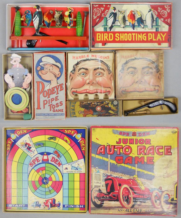 5 TOY GAMES: Bird Shooting Play, Ideal Dart Gun, Marble Muggins, Popeye Pipe Toss, Junior Auto Race, 1 game piece repaired, some wear to boxes, C5-7.