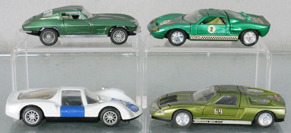 4 PILEN AUTOS: die cast, Spain, 300 Corvette, 311 Ford Mark II, 2 decals incom, 303 Porsche Carrera 6, 321 Mercedes C111, C7-8.