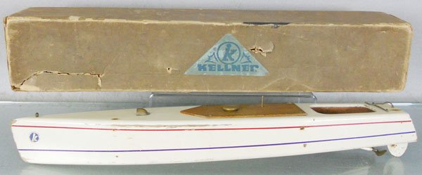 KELLNER SPEEDBOAT: painted wood, windup working, 22" long, orig box worn, C5-6.