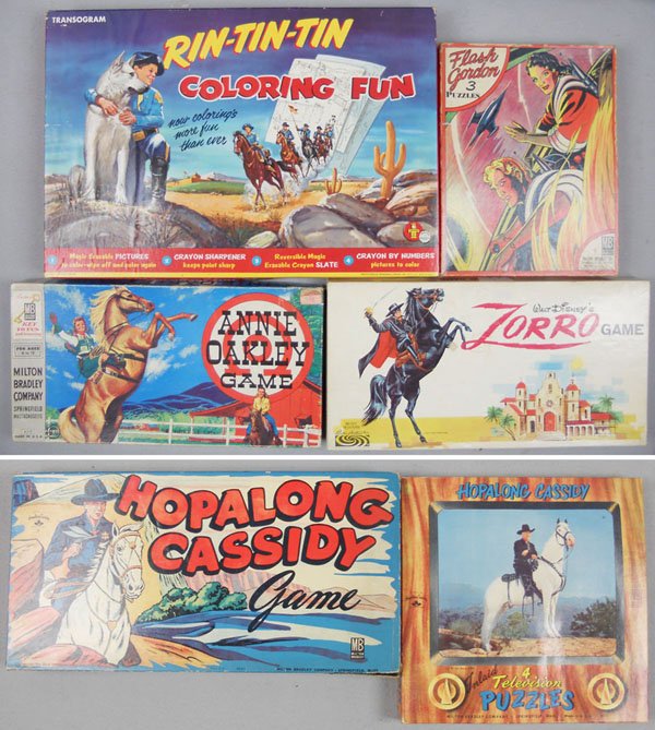 TV GAMES & PUZZLE LOT: Rin-Tin-Tin Coloring Fun, factory sealed, Flash Gordon 3-Puzzle Set, complete, Annie Oakley Game, Zorro Game, Hopalong Cassidy Game, Hopalong Cassidy 4-Puzzle Set, complete, orig boxes minor wear, C6-
