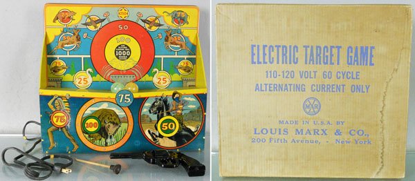 MARX ELECTRIC TARGET GAME: litho tin, 16 1/2" by 15", working, w/2 floating balls, dart gun dart, orig box minor wear, C7-8.