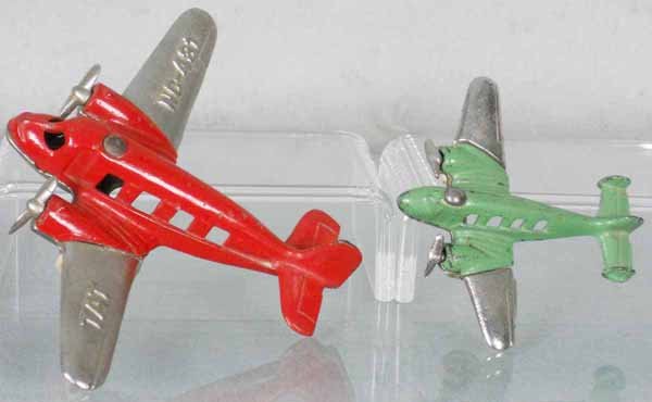 2 HUBLEY AIRPLANES: painted cast iron, TAT, 4 1/2" wingspan, DC3, 3" wingspan, C6-7.