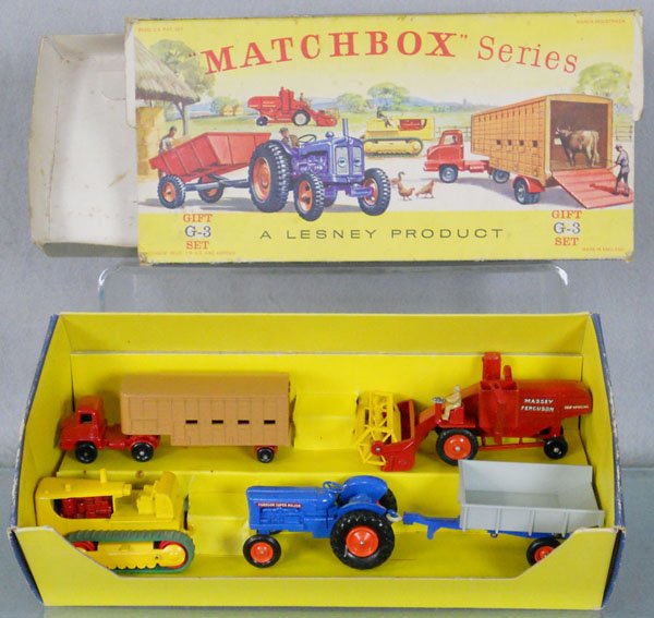 MATCHBOX G3 FARMING GIFT SET: contains King Size K3A2 & K11A3 and Major Pack M7A2 & M5A2, orig box & insert worn, C8.
