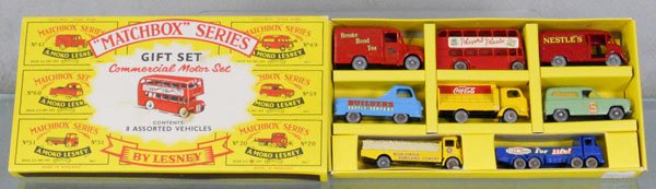 MATCHBOX G1A1 COMMERCIAL MOTOR GIFT SET: 1960, contains 47A2, 5C1, 69A1, 60A4, 20B1, 37B1, 59A1, 51A3, 4 have oxidation on hubs & some axles, orig box, C9-10.