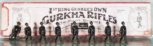 BRITAINS 197 1ST KING GEORGE'S OWN GURKHA RIFLES: 8 pieces, 1 figure reglued to base, orig box & insert minor wear & tape, C6.