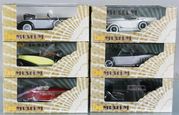 6 IXO MUSEUM AUTOS: plastic, MUS032 1932 Bucciali Tav 3, MUS 028 1933 Hispano Suiza, MUS014 1938 Delahaye 165 Figoni Falaschi, MUS010 1939 Delage D8 120 Letourneur & Marchand, MUS011 1938 Horch 853A Cabriolet, 1933 Aubur